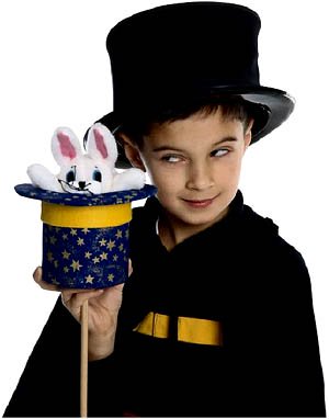 Kids magic tricks: Little boy magician with white rabbit.