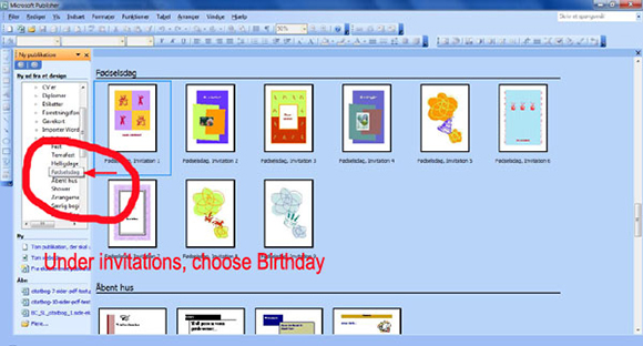 How to make your own birthday invitations in Microsoft Publisher: step 2: Find the Invitation Cards option.
