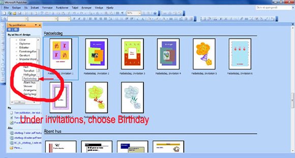 How to make your own birthday invitations in Microsoft Publisher: step 2: Find the Invitation Cards option.