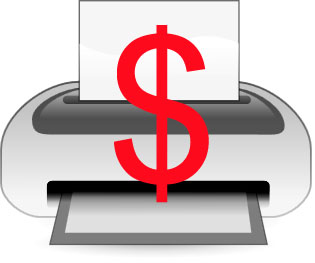 Printing is not cheap in large quantities: Picture of a printer with a dollar sign