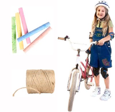 Fun math activities: preteen girl on a bike, chalk and string.
