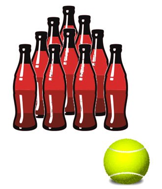 Fun math games for kids: pin bowling with soda bottles and a tennis ball. 