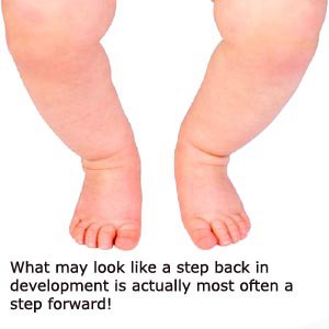 Steps in development where progression might look like regression: Photo of baby legs taking small steps.