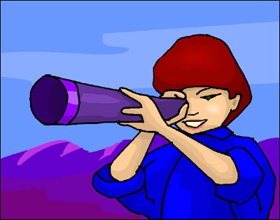Drawing of little boy looking through a telescope. Teaching astronomy for kids.
