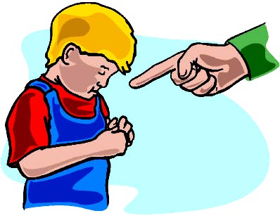 Drawing of boy being scolded. Parent with a raised index finger.