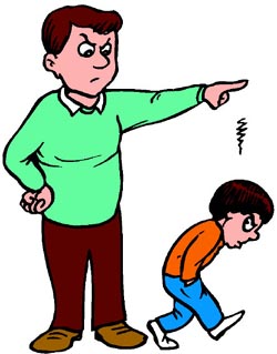 Angry father punishing and scolding his son.
