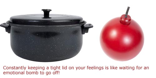 The emotional bomb: picture of a pan with a lid and a bomb.
