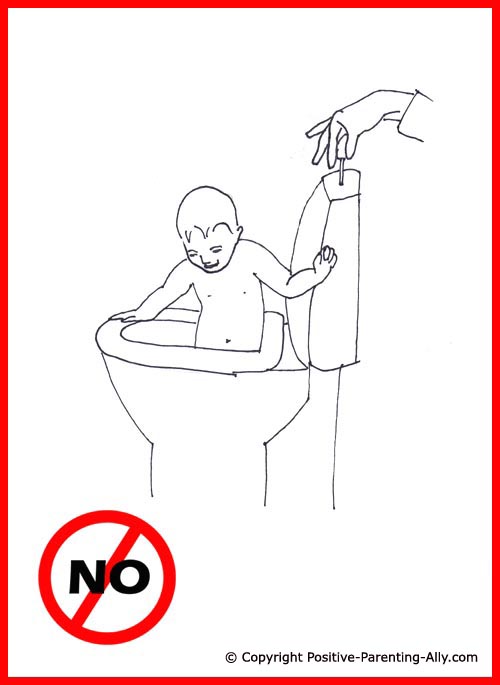 Bathing toddler. Funny drawing of boy bathing in the toilet while mom flushes.