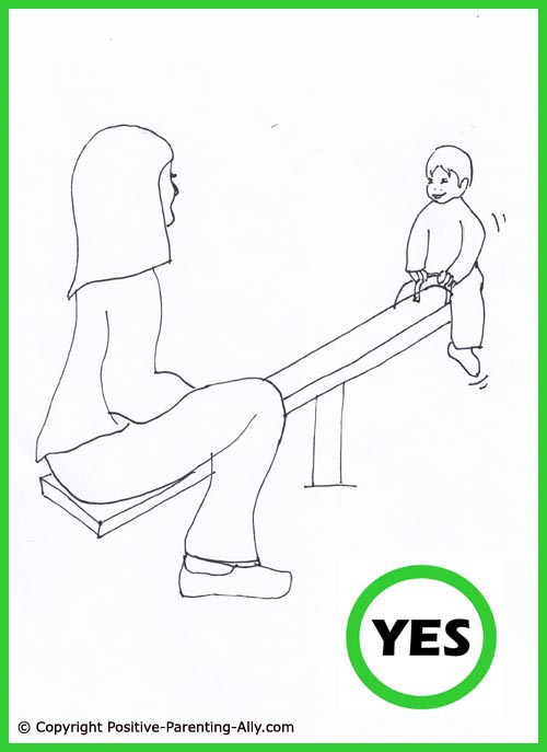 Funny parenting tips. Toddler playground activity. Cute hand drawing of mom and little boy playing on the seesaw.