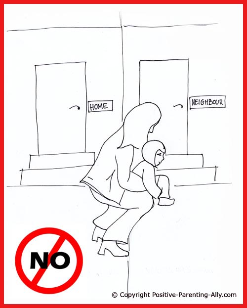 Funny parenting tips. Toddler toilet training. Funny picture of mom holding little girl so she can pee on next door's lawn.