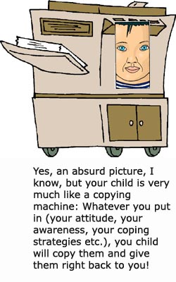 Parenting symbolism: Your child is a living copying machine. Funny drawing of copying machine with kid face.