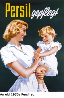 Parenting Styles: Old Persil ad from the 1950's. Mother looking happily at little girl.