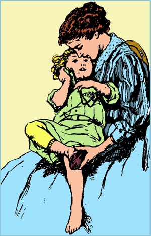 Cute drawing of girl sitting in mother's lap while getting her shoe on. 