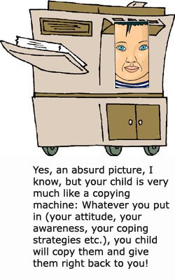 Positive parenting tips: Your child is a living copying machine. Picture of a copying machine with a boy's head on it!