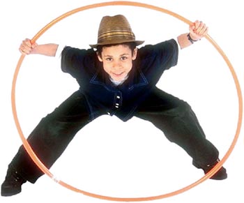 Picture of boy looking throug a hula hoop ring.