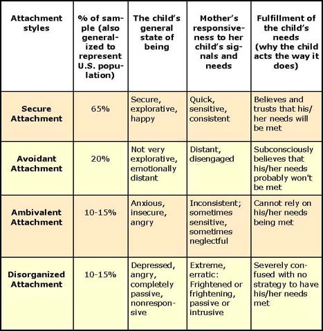 Attachment styles - secure attachment, insecure attachement: avoidant attachment, ambivalent attachment, disorganized attachment