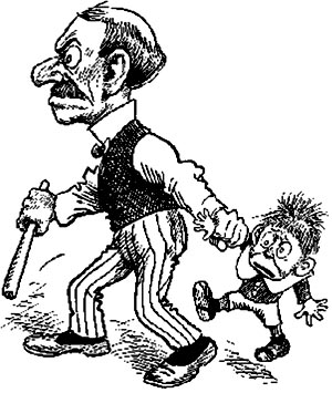 Authoritarian parenting style: Angry father dragging fearful son along to get a spanking