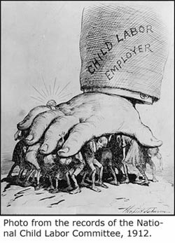 Drawing of children held down by rich man's hand. National Child Labor Committee.