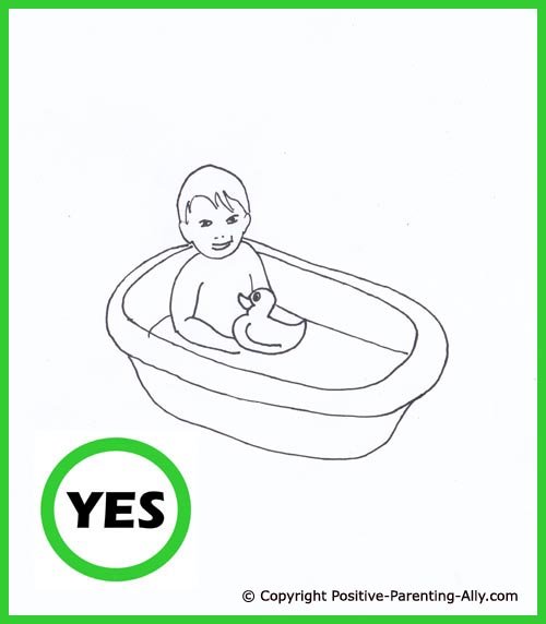 Bathing toddler. Cute hand drawing of little boy bathing in a tub with his rubber duck