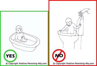 Parenting article and funny parenting tips. How to bathe your toddler in a tub and how not to bathe your toddler in the toilet