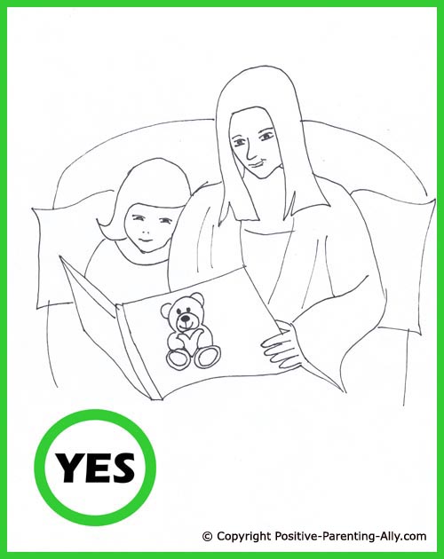 Toddler bedtime stories. Cute hand drawing of mom reading a book / bedtime story for her little girl.