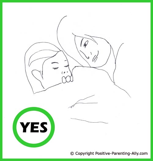 Toddler sleeping rituals. Cute hand drawing of mom putting little girl to bed, gently tugging her in.