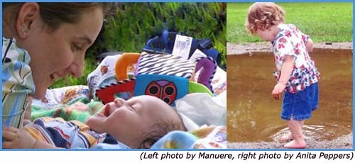 positive parenting ally - mom looks at baby by Manuere and girl by puddle by Anita Peppers
