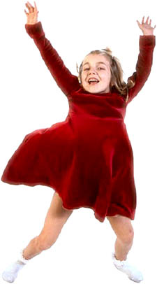 Girl in red dress jumping