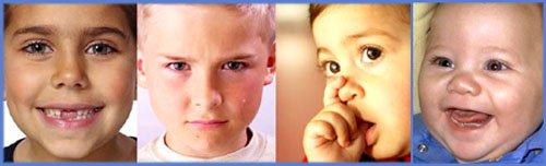 Types of parenting styles: Close up of 3 kids' faces. Happy, angry and secure.
